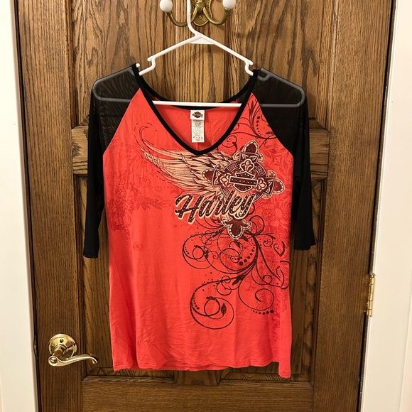 Harley-Davidson Tops - Harley-Davidson El Paso Red and Black Mesh Bejeweled Quarter Sleeve Top Large